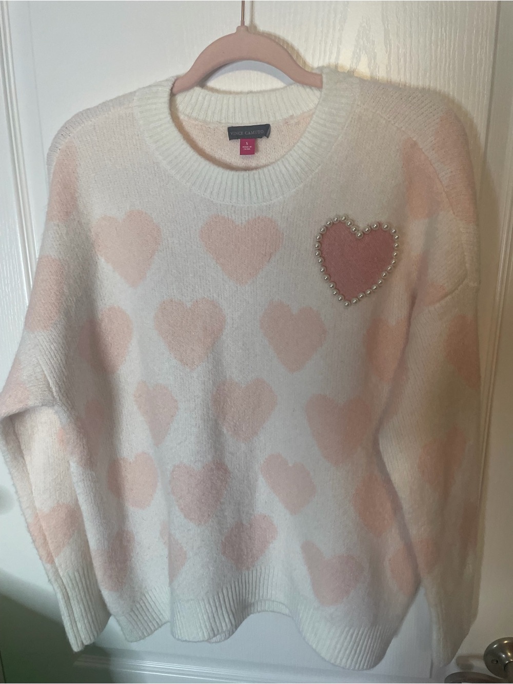 Vince Camuto Cream Sweater with Pale Pink Heart Pattern